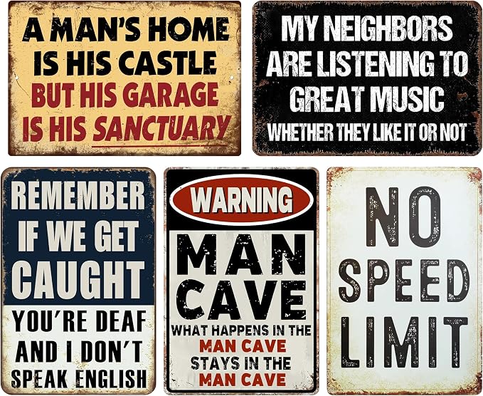Vintage Metal Sign, Metal Wall Art, Funny Bar Signs, Motivational Positive Affirmations Wall Decor, Funny Tin Signs for Home Office School Gym & Locker Room 8x12 Inch (5Pcs Funny Garage Tin Sign)