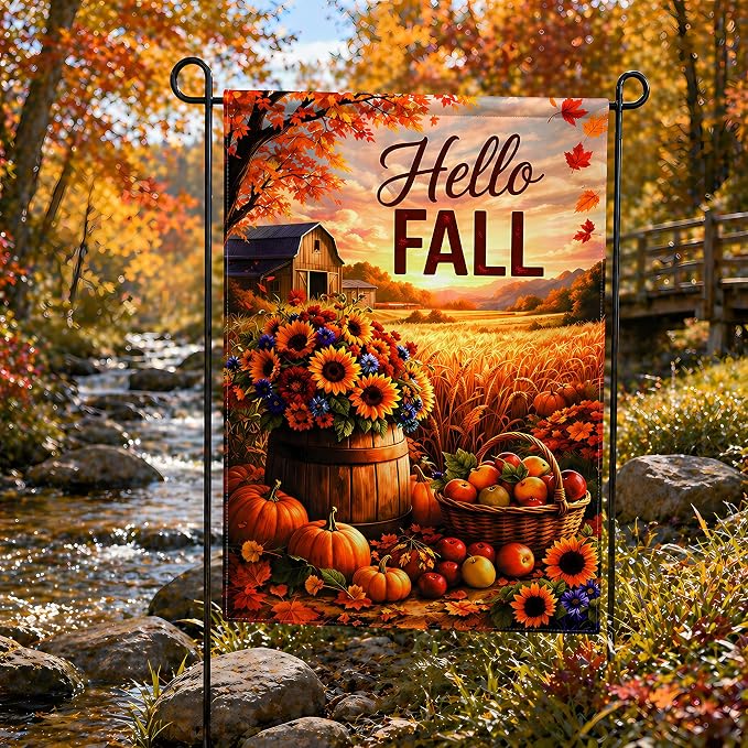 Fall Decor - Hello Fall Garden Flag | Double-Side Autumn Decor for Outdoor Indoor Outside Home - Thanksgiving Friendsgiving Decorations Banner for Garden Porch Patio Lawn Yard Party Favors Supplies