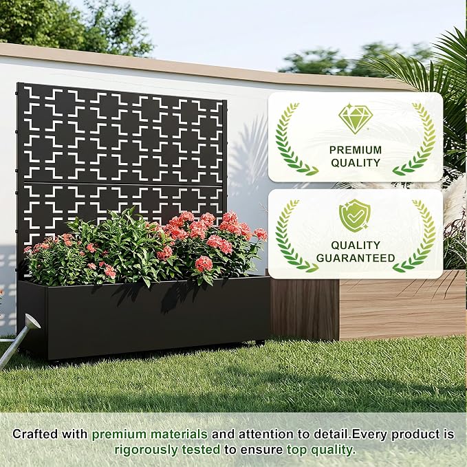 Casaphoria Metal Raised Garden Bed with Trellis and Wheels, 47"x47"x16" Planter Box for Climbing Plants, Vegetables & Vines, Features Drainage Holes and Privacy Screen (Black-Square)