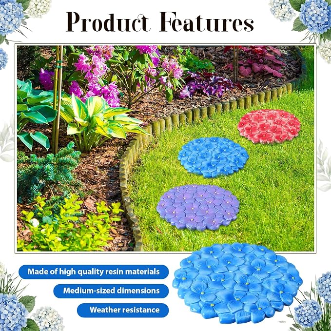 Cinnvoice 3 Pack Garden Stepping Stone Outdoor, Decorative Dimensional Resin Stepping Stones for Patio Pathway Landscaping Walkway Sculpture Yard Backyard Lawn(Hydrangea,10 Inches)