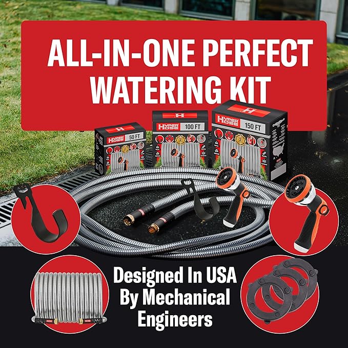 Best 50 ft Metal Garden Hose Set - No-Kink Durable 316 Stainless Steel, 10-Way Zync Spray Nozzle & Hook – Tough Flexible Heavy Duty Water Hoses, 5/8 in, Rust, Weather, LeakProof