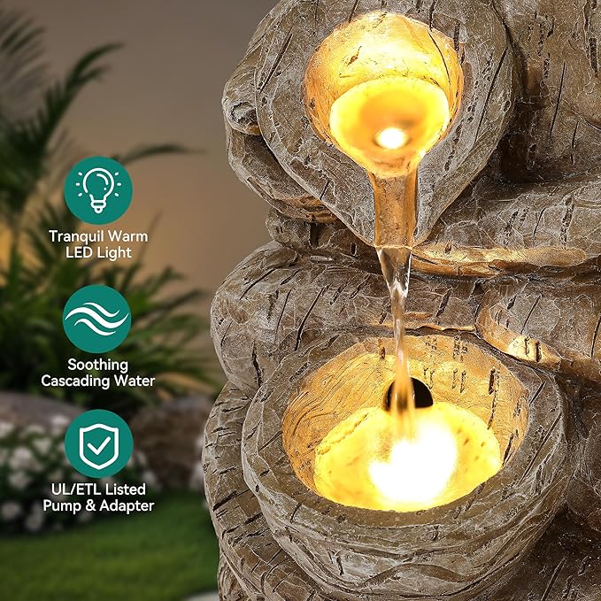 23" Tiki Outdoor Water Fountain, 2-Tier Water Feature with LED Lights, Soothing Cascading Waterfall for Tranquile, Relaxing, Meditative Patio, Backyard, Garden or Porch