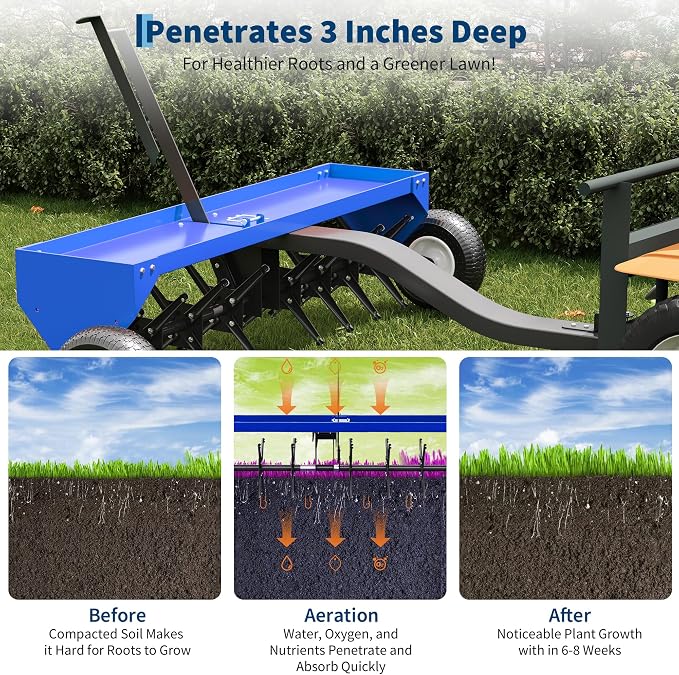 48 Inch Tow Behind Lawn Plug Aerator,100LBS Capacity Yard Aerator with Universal Hitch &10" Tires, Heavy Duty Aerator Lawn Tool Tow Behind, Steel Core Aerator for Garden Farm Yard Lawn Care