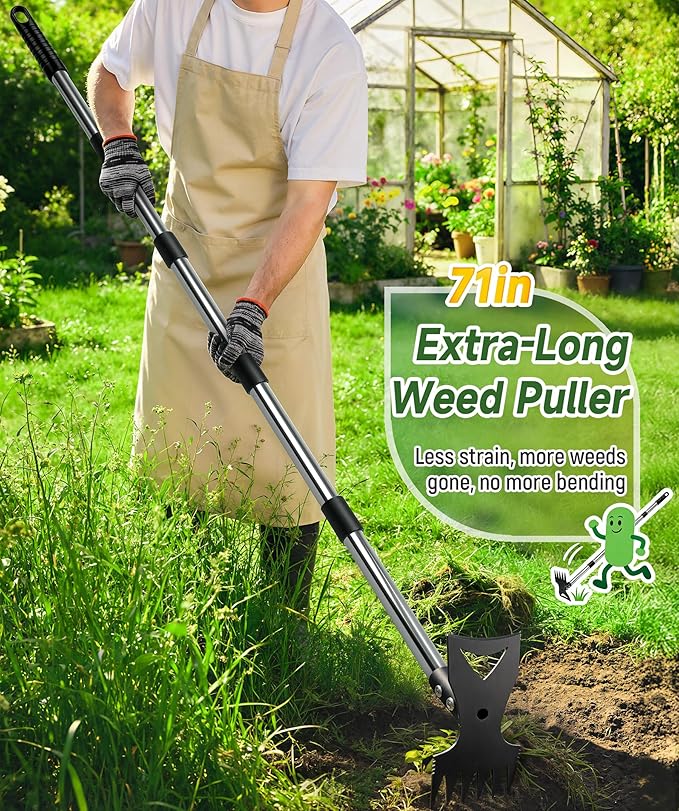 71in Weed Puller Tool with Long Handle, 2 in 1 Heavy Duty Garden Hoe and Hand Weed Rake, Adjustable Manual Weeders for Uprooting with Gloves for Gardens, Lawns, Yards