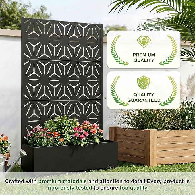 Casaphoria Metal Raised Garden Bed with Trellis and Wheels, 72"x47"x16" Planter Box for Climbing Plants, Vegetables & Vines, Features Drainage Holes and Privacy Screen (Black-Star)