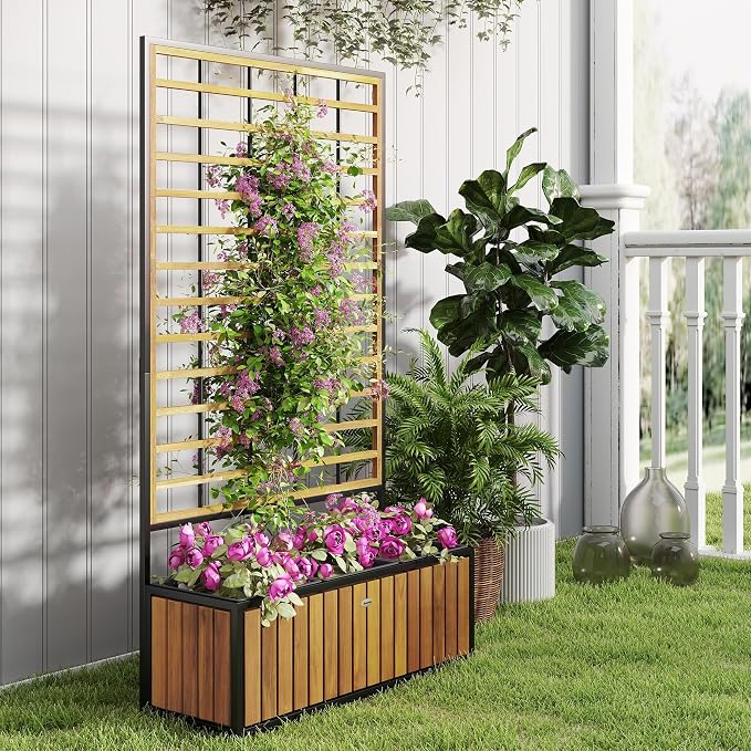 Outsunny Wooden Raised Garden Bed with Trellis, Removable Pots, Drainage Holes for Climbing Vines, Vegetables, Flowers, Raised Planter Box for Backyard, Patio, Balcony, 29 x 11 x 52 in., Teak