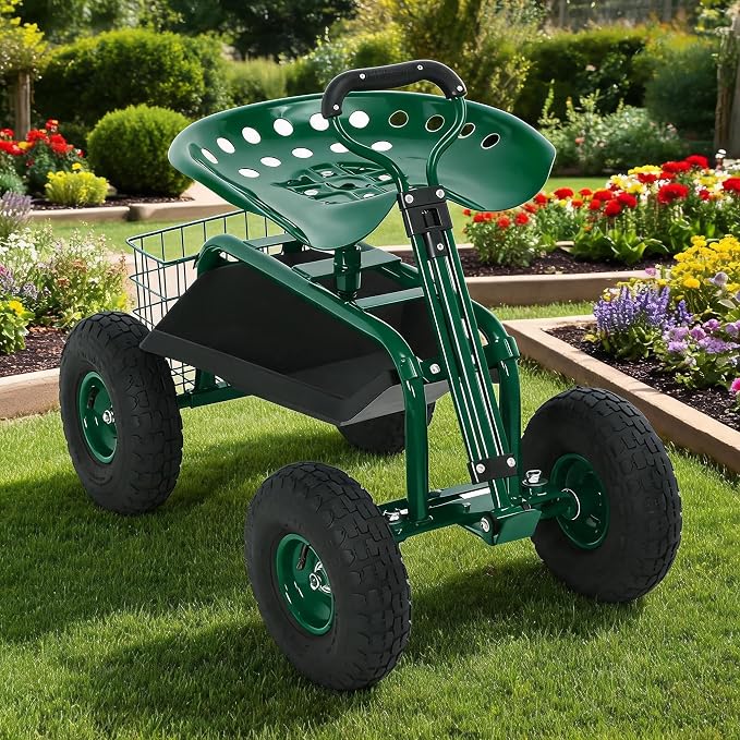 Rolling Garden Cart Workseat with Wheels, 360 Degree Swivel Gardening Stool, Extendable Steering Handle, Tool Tray, 10-Inch Inflatable Tires, Reinforced Steel Frame