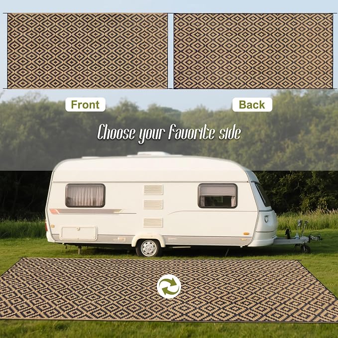 SAND MINE Reversible Mats, Plastic Straw Rug, Modern Area Rug, Large Floor Mat and Rug for Outdoors, RV, Patio, Backyard, Deck, Picnic, Beach, Trailer, Camping, Black & Brown, 8' x 16'