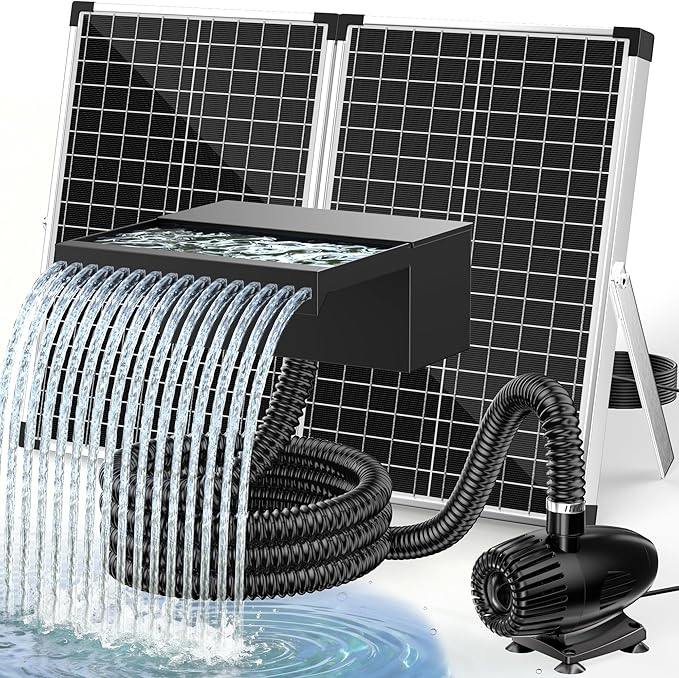 POPOSOAP 70W Solar Pond Waterfall Spillway with Pond Pump, Pond Spillway with 304 Stainless Steel & Filtration System & 9.8FT Tube for Pond Fountain Waterfall Garden Water Features-P5703S