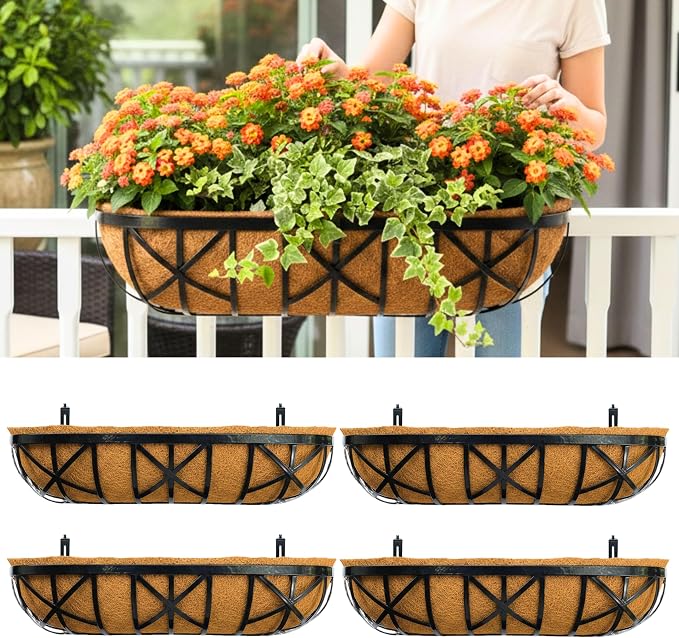 LaLaGreen 30 Inch, 4 Pack Railing Planters with Adjustable Mounting Brackets – Black Metal Window Planter Boxes for Outdoor Gardening, Wall-Mount Flower Pots, Balcony Fence Patio, Porch, Garden
