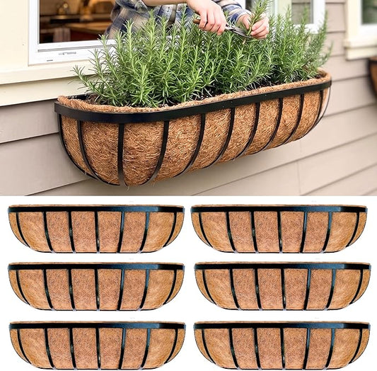 LaLaGreen Deck Railing Planter Boxes for Plants (24 Inch, 6 Pack) Metal Wall Planters for Outdoor Plants, Black Window Flower Boxes Deck Railings with Coco Liner Fence Balcony Patio Porch Over Rail
