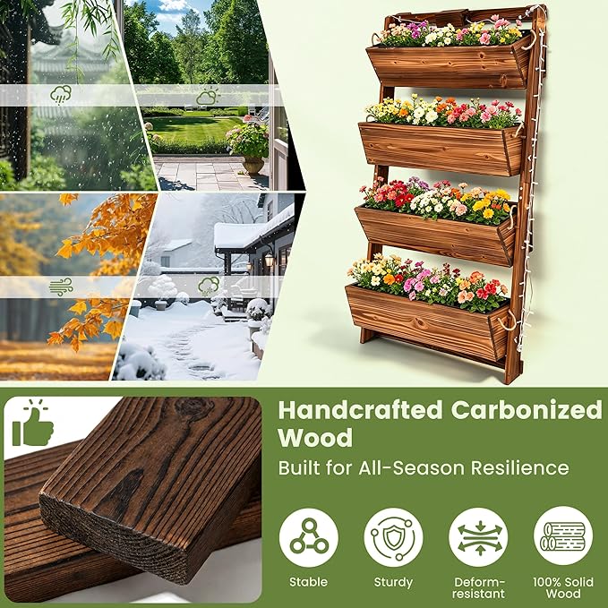 2026 Upgraded 4-Tier Wooden Vertical Raised Garden Bed with 11-Mode LED Lights and 3 Timer Settings, 51" H Wall-Leaning Tiered Planter Box with Tilt-Out Boxes, Liner & Drainage Holes for Patio
