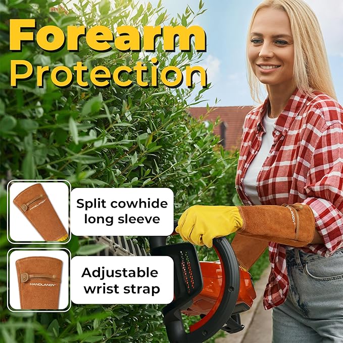 HANDLANDY Long Gardening Gloves for Men & Women, Cowhide Leather Rose Pruning Gloves, Breathable Thorn Proof Gauntlet Glove (Rust Brown, S)