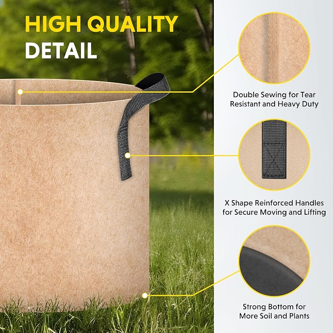 iPower 5-Pack 1 Gallon Plant Grow Bags Thickened Nonwoven Aeration Fabric Pots Heavy Duty Durable Container, Strap Handles for Garden, Tan