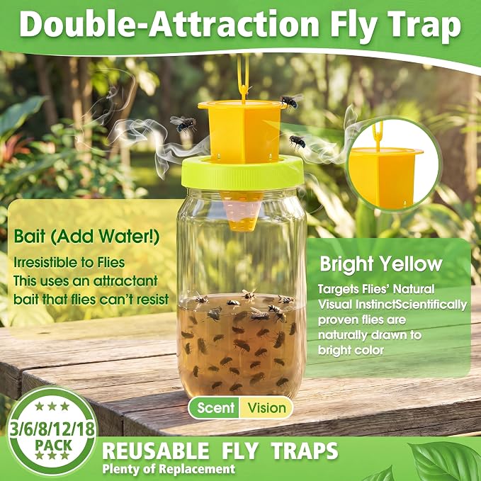 6 Pack Fly Traps Outdoor, Reusable Fly Catcher Bottles with Bait Hanging Flies Traps with Non-Toxic Dissolvable Bait Refills for Flying Insect Drain Patio Garden Yard Barn Outdoor