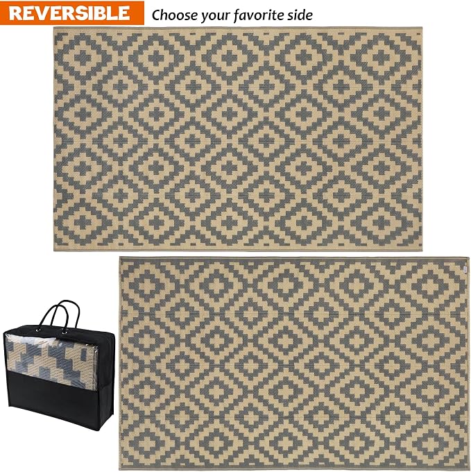 SAND MINE Reversible Mats, Plastic Straw Rug, Modern Area Rug, Large Floor Mat and Rug for Outdoors, RV, Patio, Backyard, Deck, Picnic, Beach, Trailer, Camping, Grey & Tan, 5' x 8'