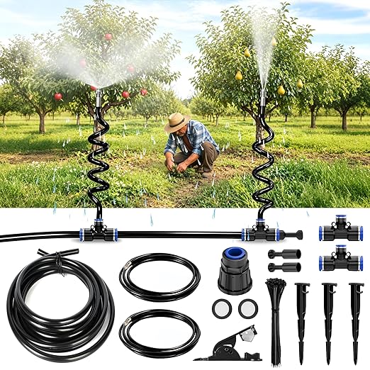 High-Flow Tree Irrigation System, 15FT 12mm Hose & 2Pcs 6.5FT Adjustable Nozzles, for Tree Roots & Canopies Irrigation, Leaf & Fruit Cleaning, Ideal for Fruit Trees & Ornamental Trees