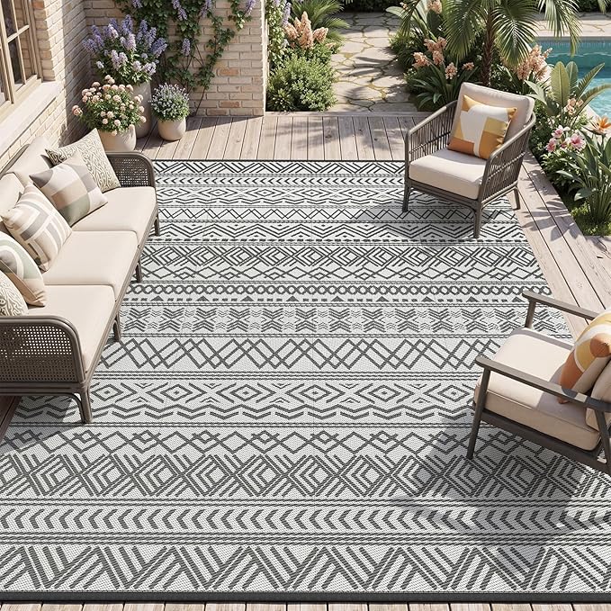 MontVoo Outdoor Rug 8x10 Waterproof Outdoor Patio Rug Mat Reverisble Plastic Straw Outdoor Rug for RV Camping Picnic Beach Balcony Boho Grey