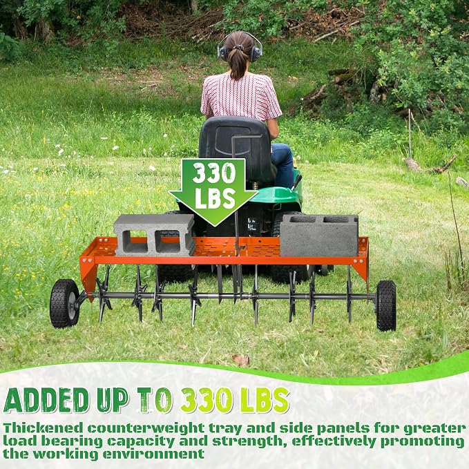 PPOLB 48" Lawn Aerator Tow Behind, Plug Aerator Tow Behind with Universal Hich, Orange Painted Galvanized Steel with Tray and Inflatable Wheels, Pull Behind Aerator for Garden, Farm and Lawn
