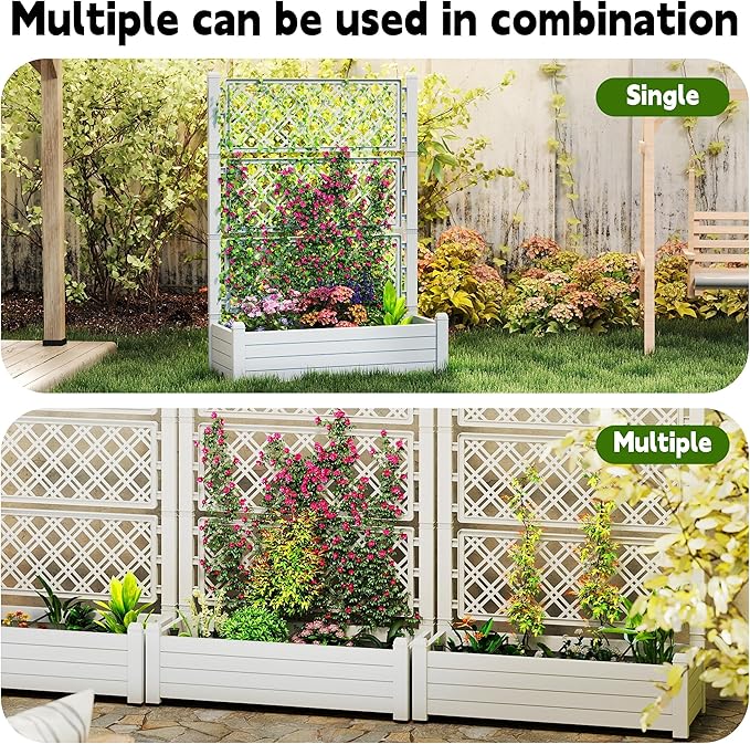 EasyUp 21 Gallon Raised Garden Bed with Trellis for Climbing Plants, Anti-Rust Resin Outdoor Planter Box with Drainage Holes for Backyard Patio Balcony (Ashen)