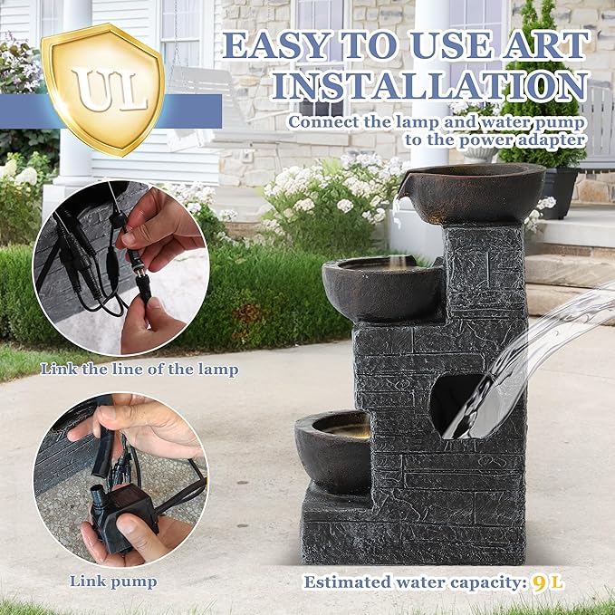 Grepatio Outdoor 4-Tiers Water Fountain, Garden Cascading Waterfalls Fountain with 4 LED Lights, 21.9" H Modern Indoor/Outdoor Bowl Waterfall Feature Water Fountains for Garden, Yard Decor (Brown)