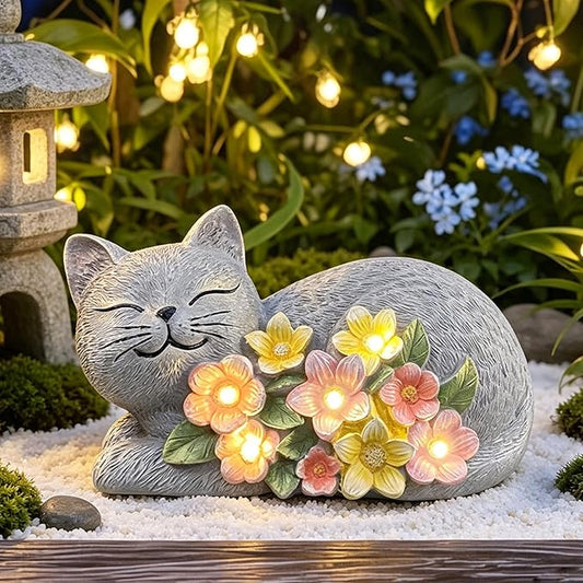Solar Cat Garden Statue, Resin Solar Cat Lights with Flower for Outside, Outdoor Cats Statues for Lawn Porch Yard Art - Birthday Gifts for Mom Grandma Women