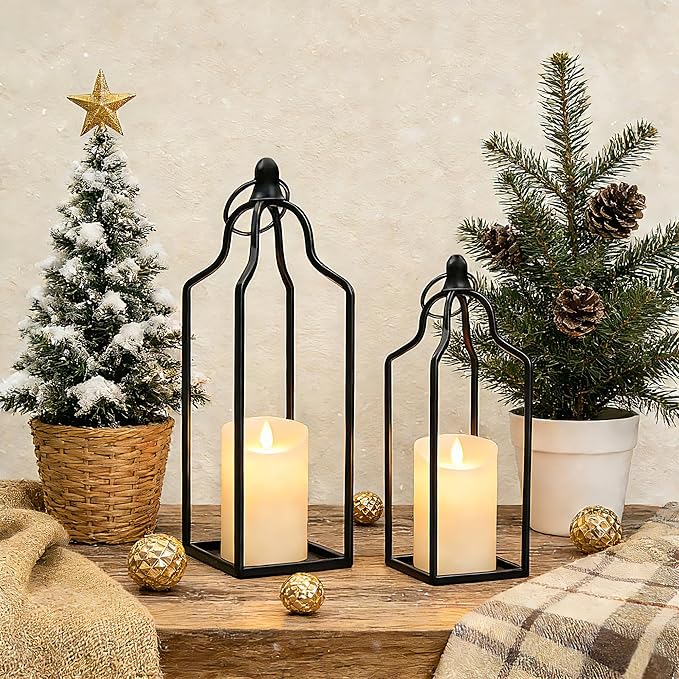 Rustic Farmhouse Decor Metal Lantern Set of 2 Decorative Lanterns for Home Indoor Outdoor Living Room, Fireplace, Patio, Wedding & Kitchen Table Centerpieces (Black, 16.9" 14.5")