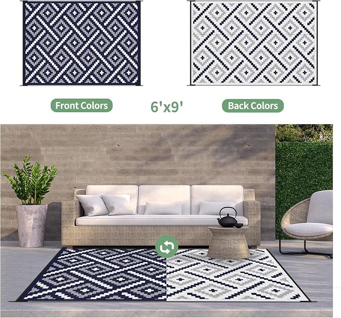 GENIMO Outdoor Rug for Patio Clearance, 6'x9' Waterproof Camping Mat, Reversible Plastic Straw Rugs for RV, Camper, Balcony, Backyard, Picnic, Deck (Mix Navy Blue White)