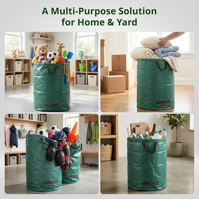 GardenHOME 53 Gallon Reusable Yard Leaf Bags with Gloves, Heavy Duty Garden Waste Bags with Reinforced Handles for Leaves, Grass, and Lawn Trash Collection Pack of 3