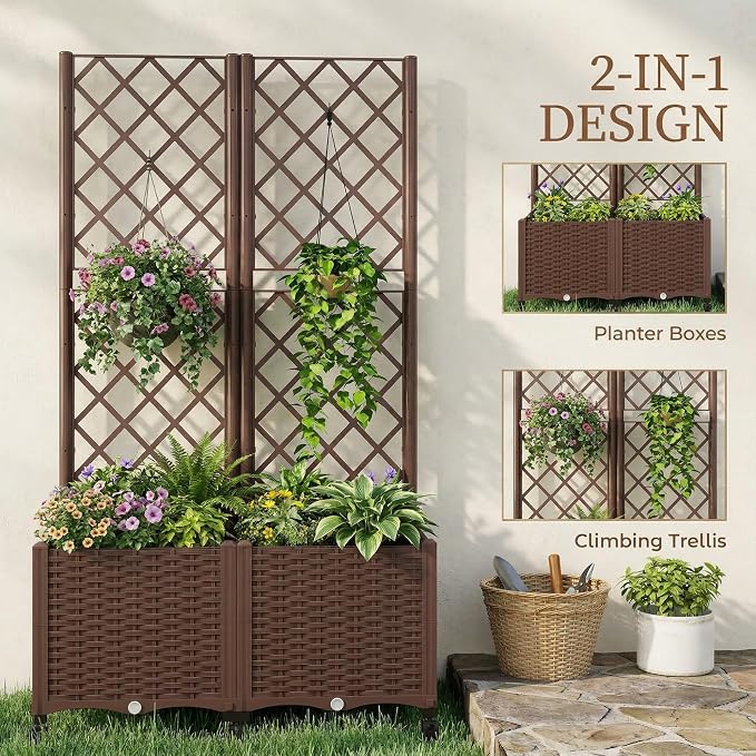 Outsunny Planter Box with Trellis, Self Watering Raised Garden Bed with Lockable Wheels, Privacy Trellis Planter with Drainage Holes for Climbing Plants, Vegetables, Flowers, 56.3", Brown