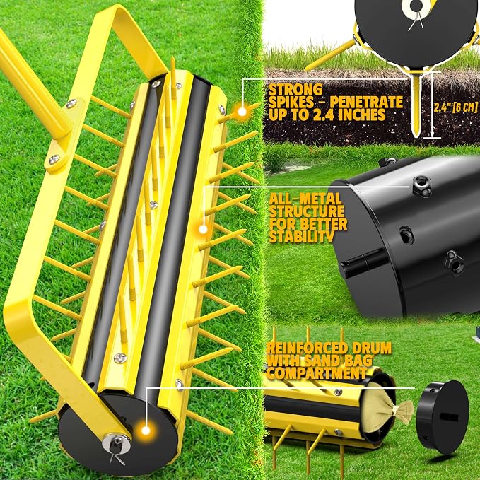 2026 Updated 20 Inch Manual Rolling Lawn Aerator - 2.4" Steel Spikes Heavy Duty Core Aerator with 55" T-Handle for Compacted Soil, Yard & Lawn Care