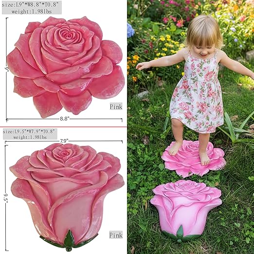 Garden Stepping Stones Outdoor Walkway – Resin Rose Flower Pavers for Path, Lawn & Backyard -Walkway Sculpture Yard Art,Rose Ornament as a for Loved Ones – Set of 2, Pink