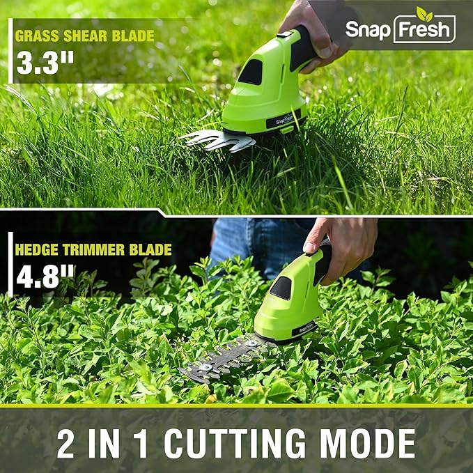 SnapFresh Cordless Grass Shears & Hedge Trimmer, 2-in-1 Handheld Electric Lightweight Hedge & Shrub Trimmer with Battery for Garden Yard Lawn, 2.0Ah Battery & USB-C Charging Cable Included