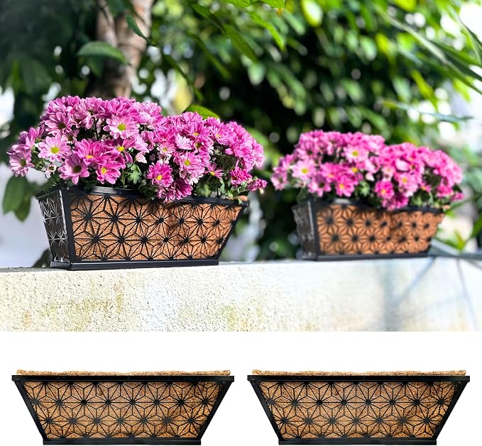 LaLaGreen Window Boxes Planter for Outdoor Plants (2 Pack, 16 Inch) Black Metal Basket Flower Pot Rectangular Wall Planters with Coco Liner, Horse Trough Deck Railing Balcony Modern Garden Fence Patio