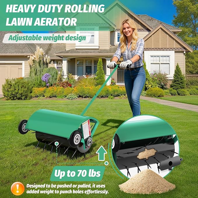 24 Inch Rolling Lawn Aerator, Heavy Duty Manual Aerator Tool, Up to 70 lbs, Push Spike Aeration Tool with 42 Spikes, Suitable for Lawns, Garden, and Yard Grass Aeration [Green]
