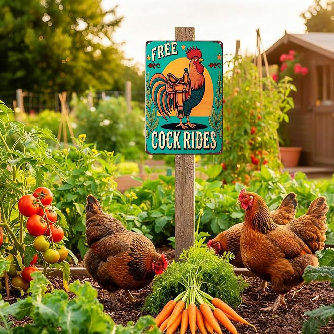 Funnysign Vintage Free Cock Rides Chicken Tin Sign for Chicken Coop Farm Kitchen Garden Yard Decor 8x12 inch (3939)