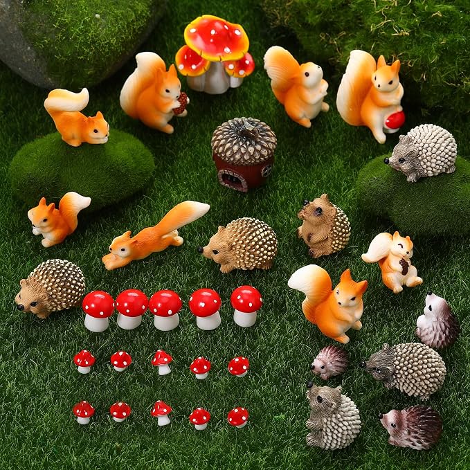 Fairy Garden Accessories, 34 Pieces Resin Squirrel Figures Miniature Garden Ornaments Hedgehog Mushroom Animal Kit for Outdoor DIY Terrarium Potted Plants Dollhouse Desk Decor