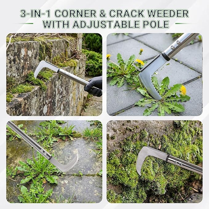 Weed Puller Tool, 59" Stainless Steel Weed Remover Tool Crevice Weed Picker Tools L-Shaped Stand Up Garden Hoe for Garden,Sidewalk,Patio, Multi-Action Manual Grass Remover for Deep Digging Cutting