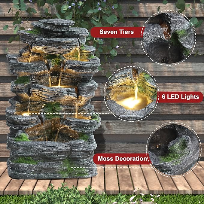 Garden Fountains Outdoor, 7-Tiers Cascading Rock Water Fountain, 24.4" H Waterfall Fountain Indoor with 6 LED Lights and Moss for Patio, Yard and Home Art Decor, Natural Stone Look