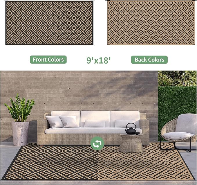 GENIMO Outdoor Rug for Patio Clearance, 9'x18' Waterproof Camping Mat, Reversible Plastic Straw Rugs for RV, Camper, Balcony, Backyard, Picnic, Deck (Black & Brown)