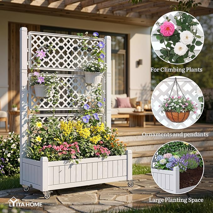 YITAHOME 42.5x14.2x61 in Planter Box with Trellis/Outdoor Privacy Screen, All-Weather Raised Garden Bed with Wheels & Drain Plug for Climbing Plants Flowers Herbs, White