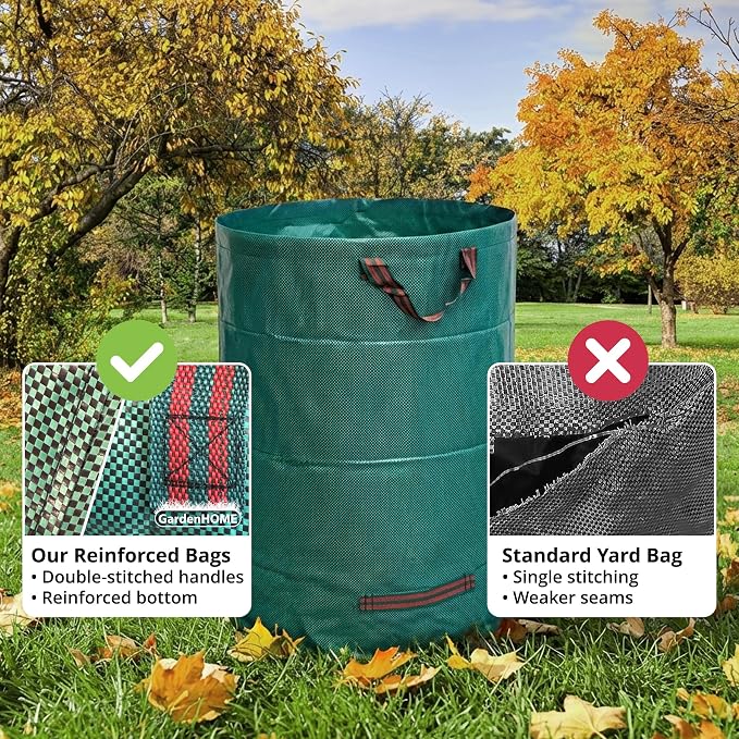 GardenHOME 53 Gallon Reusable Yard Leaf Bags with Gloves, Heavy Duty Garden Waste Bags with Reinforced Handles for Leaves, Grass, and Lawn Trash Collection Pack of 3