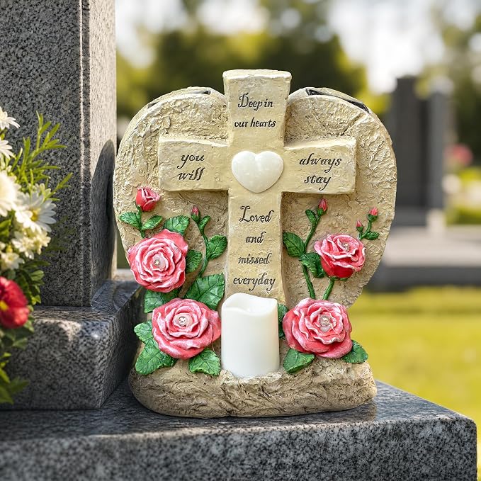 MXwcy Memorial Garden Stone Cross with LED Lights - Sympathy Gift, Bereavement & Remembrance for Loss of Loved One, Outdoor Indoor Grave Marker Decoration, Weatherproof Resin Heart Rose Design