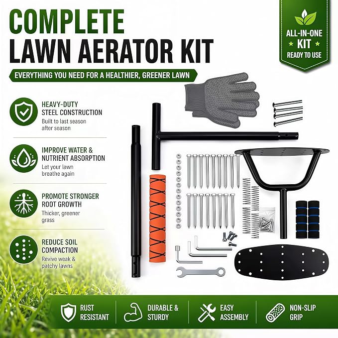 Upgraded Lawn Aerator Tool, 17-Spike Manual Grass Aerator with Automatic Dirt Clean & Double-Layer Spring, Heavy Duty Soil Loosener with T-Handle, Yard Lawn Care Tool, Includes Gloves