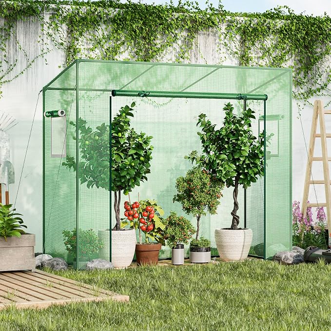 Giantex Walk-in Greenhouse, 4 Ground Stakes & Ropes, Outdoor Portable Mini Greenhouse w/ PE Cover, Heavy-Duty Metal Frame, Roll-up Zipper Door, Double-Layer Screen Windows, 6.6 x 2.5 x 5.6 FT