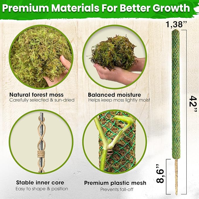 DUSPRO 2 Pack 42’’ Mesh Moss Pole for Climbing Plants, Natural Moss Pole Monstera Plant Support, Real Moss Poles for Plants Indoor, Moss Stick for House Plants, Moss Stakes for Climbing Plants