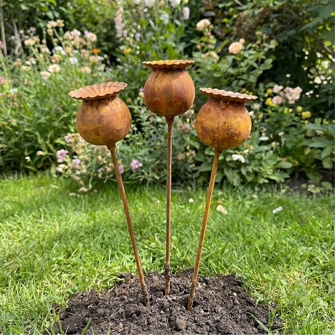 Rustic Metal Coneflower Garden Stakes, Set of 3, Rusted Iron Daisy Yard Art, 24x1.5 Inch, Weather-Resistant Lawn Pathway, Patio Decor (Coffee)