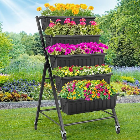 Homdox 5-Tier Elevated Garden Bed with Lockable Caster Wheels - Freestanding Vertical Raised Bed with 5 Garden Planter Boxes- Perfect to Grow Vegetables Herbs Flowers Indoor(Black)