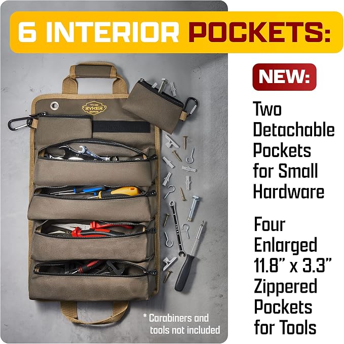 The Ryker Roll Up Tool Bag Organizer Heavy Duty Motorcycle Tool Roll Bag Organizer. Portable Rollup Toolbag w/Detachable Pouches - Tools Bags Mens gifts for him/Mechanic (Khaki+Black)