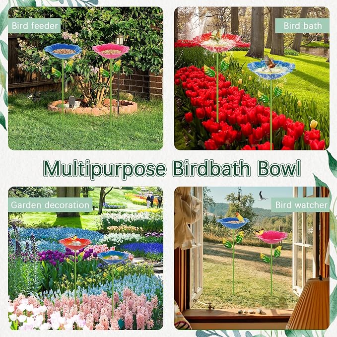 4 Pack Bird Baths for Outdoors, Colorful Metal Bird Bath for Outside, Hummingbird Bath with Five Stakes, Garden Flower Small Birdbath for Garden Decor (Royal Blue,Pink,Cyan,Deep Red)